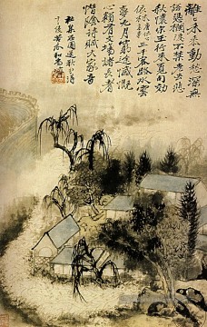 Shitao hameau dans la brume d’automne 1690 chinois traditionnel Peinture à l'huile